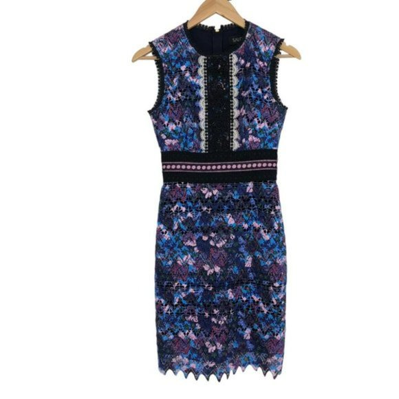 SALONI Trudi Sleeveless Chevron Lace Sleeveless Cocktail Dress Blue Multicolor 0 - Picture 2 of 16